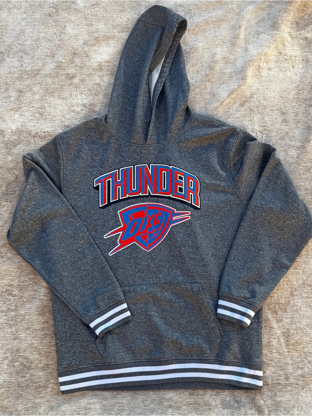 NBA Men's Gray Thunder Crewneck Hoodie with Red and Blue Logo